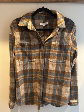 Workshop Republic Clothing Plaid Button-Down Shirt Jacket in Brown, Tan & Blue
